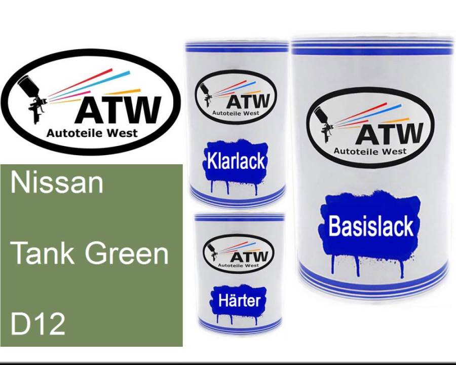 Nissan, Tank Green, D12: 500ml Lackdose + 500ml Klarlack + 250ml Härter - Set, von ATW Autoteile West.